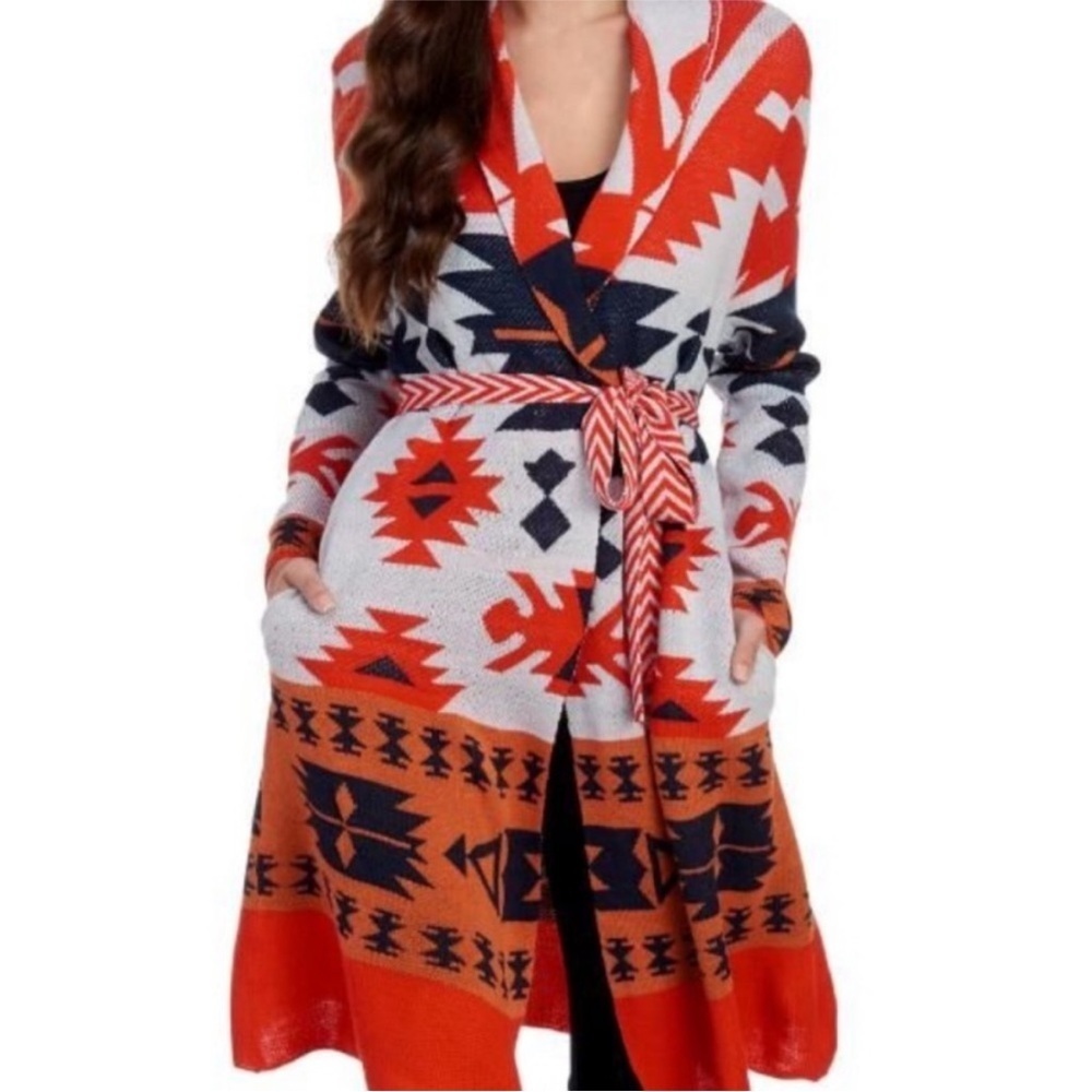Absolutely Famous | Aztec Duster Cardigan | Orange,‎ White, Black | Medium